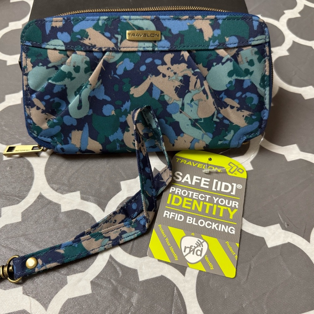 Travelon Blue and Tan Clutch Wristlet Durable Design